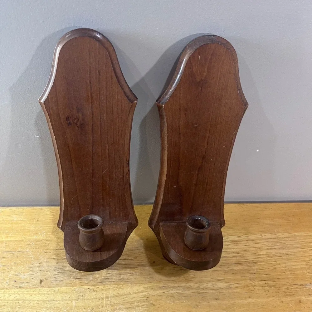 Vtg Pair Wood Wall Sconces Taper Candle Holders Dark Brown Colonial Rustic 15
